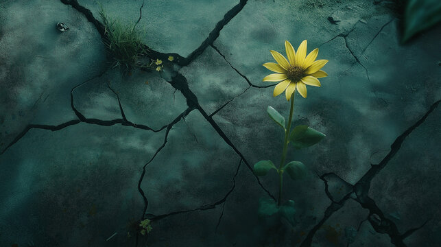 Yellow Flower Growing through a Crack in Dark Concrete Representing Hope