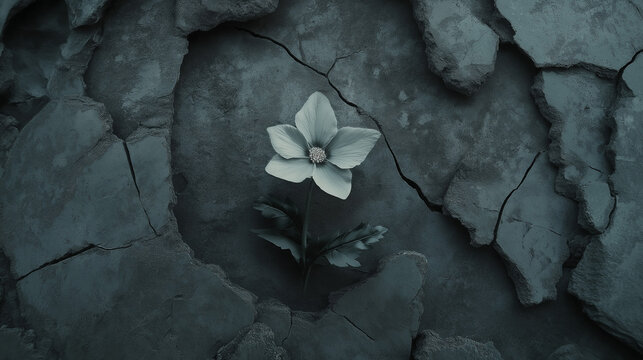 Pale Flower Blooming between Cracked Stones Representing Resilience and Hope