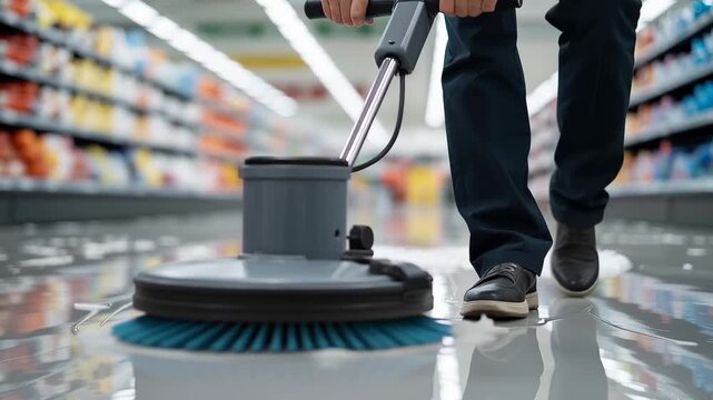 Floor Cleaning Machine in Supermarket: A detailed shot of an individual operating a floor cleaning machine within a supermarket, reflecting a commitment to spotless cleanliness. 