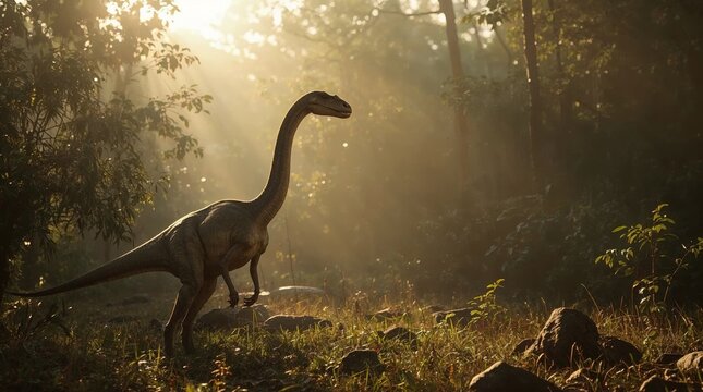 Ultra cinematic prehistoric scene showing the transition from the Triassic to the Jurassic period. A long-necked dinosaur standing fully visible in the center of the frame, with the entire head neck