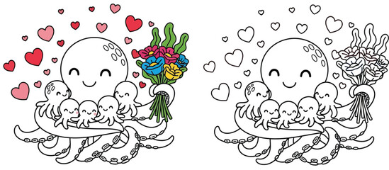 Adorable cartoon of a mother octopus clutching a bouquet of flowers and love while embracing her young Mother's Day coloring sheet vector art © AbuNazam