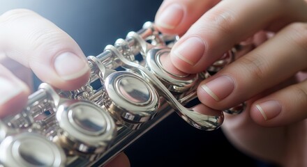 Close up of hands playing a silver flute