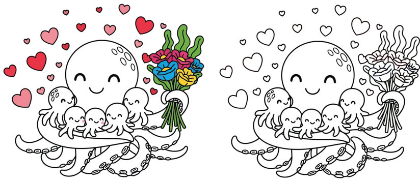 Adorable cartoon of a mother octopus clutching a bouquet of flowers and love while embracing her young Mother's Day coloring sheet vector art