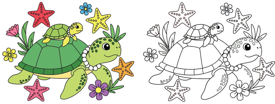 Cute cartoon mother sea turtle with baby on shell and starfish Color and black outline coloring page vector illustration