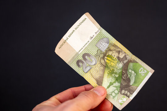 Reverse side of 20 Slovak koruna banknote (20 SKK) held in hand before euro adoption. Former currency of the Slovak Republic. Finance and historical money concept.