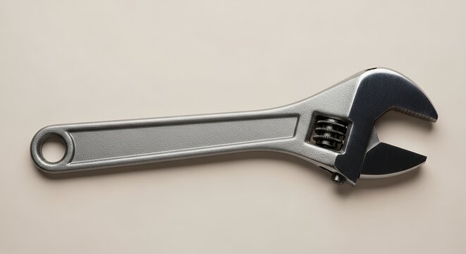 Adjustable wrench tool, close-up, workshop background