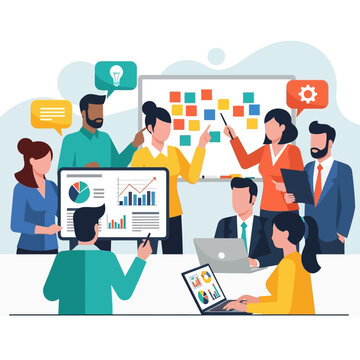 A flat cartoon illustration of a businessman using a laptop and mobile tablet to connect with people through a global social media network concept