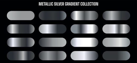 Metallic silver gradient buttons collection, for website or app UI, gradient overlay effect, shiny metallic texture, silver buttons, Isolated on transparent background, png © deesignvalue