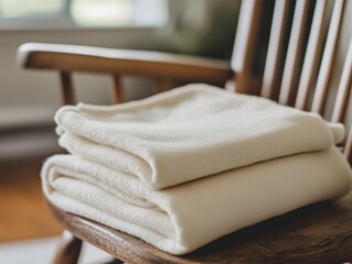 Folded White Baby Blanket on Wooden Chair in Cozy Home Interior with Soft Natural Light