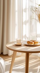 Minimal Cozy Breakfast Still Life with Fresh Pastries and Milk on Wooden Table in Soft Morning Light
