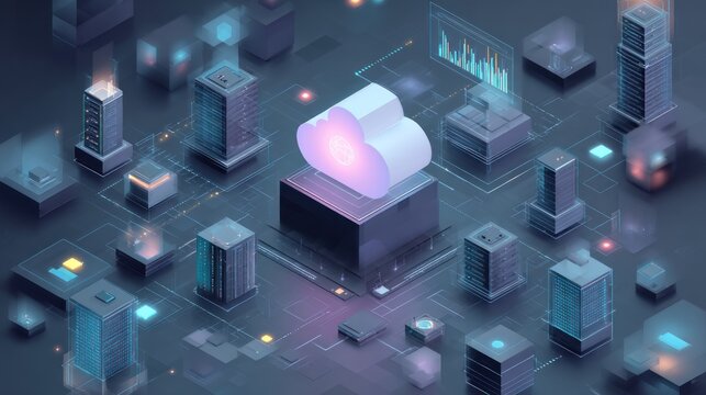 Isometric illustration of cloud computing infrastructure, showcasing interconnected data centers and digital networks
