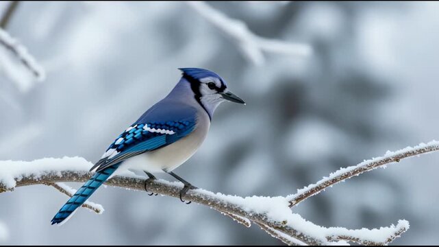 A vibrant blue jay perched on a snow-covered branch in a winter forest showcasing its striking plumage and resilience against the cold serene backdrop