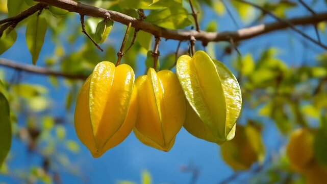 Ripe yellow starfruit (Carambola) hanging from a tree branch in a tropical garden under a bright blue sky, healthy exotic fruit.