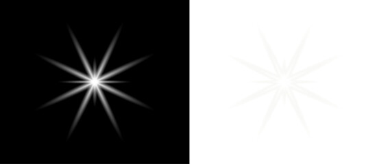 White glow sparkle star light on silver festive abstract background with bright shining beam flare burst glitter magic rays isolated on black transparent backdrop. © AzeritCrystal