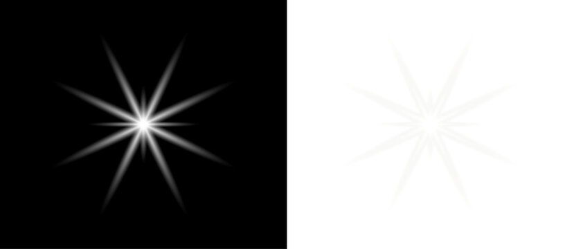 White glow sparkle star light on silver festive abstract background with bright shining beam flare burst glitter magic rays isolated on black transparent backdrop.
