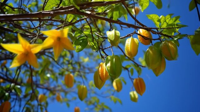 Vibrant tropical star fruit (carambola) tree laden with ripe yellow fruit and bright yellow flowers against a sunny blue sky.