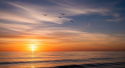 Obraz premium Sunset over calm ocean water horizon.