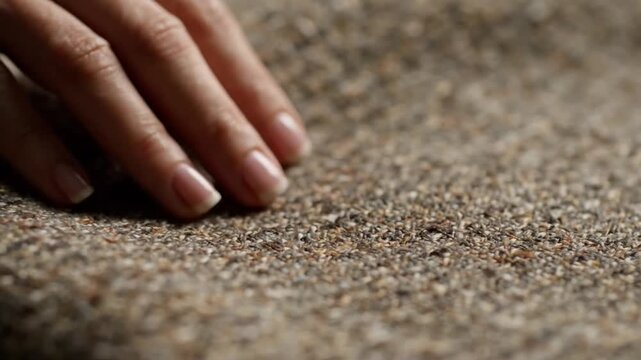 Womans hand gently exploring the textures of fabric and grains in a sensory close-up shot.