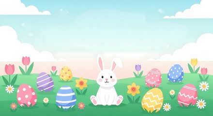 Fototapeta premium Easter Background with Cute White Bunny and Colorful Painted Eggs in Spring Meadow with Flowers and Blue Sky Banner