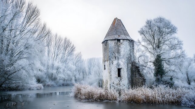 Frosted medieval tower by a frozen pond, winter landscape, digital painting
