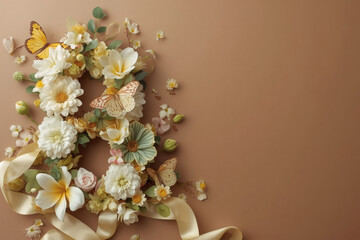 International Women's Day. Banner, flyer, beautiful postcard for March 8. Flowers in the shape of the number eight and butterflies on a plain background.