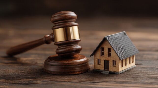 Gavel and miniature house on wood, symbolizing foreclosure or legal property matters