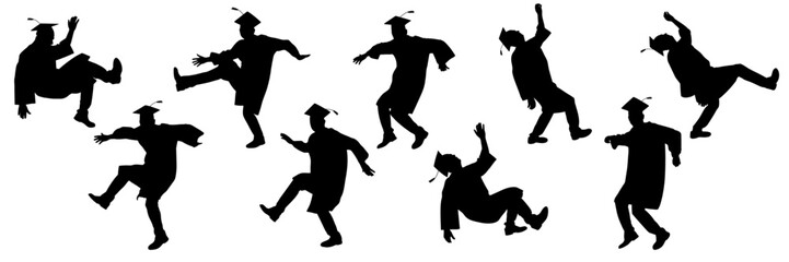 Graduate students celebrating their achievement with various dance poses. Vector illustration