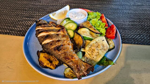Grilled fish with variety of fresh vegetables served on plate for lunch