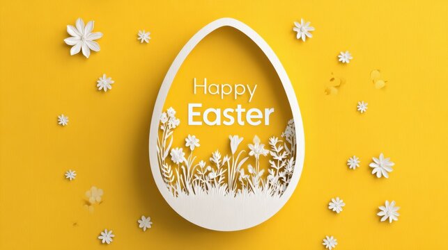 Happy Easter greeting with delicate paper cut flowers and egg shape