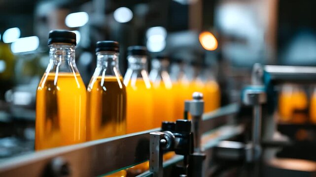 Vending machine for drinks with bottles moving along conveyor, filled decontaminated and closed with screw lids, automated bottling system, beverage packaging process, defocused