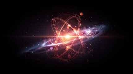 Glowing atom model with orbiting particles and energy bursts against a dark background