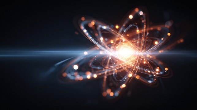 Glowing atom model with orbiting electrons, showcasing energy and science
