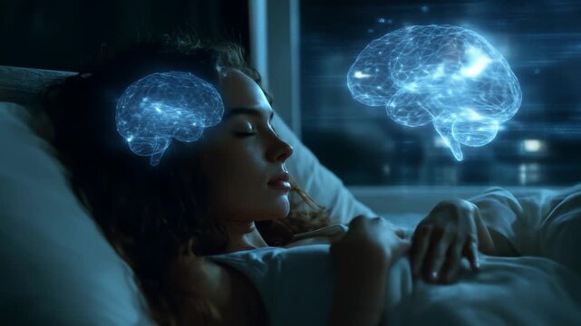 A woman sleeping peacefully as glowing holographic brains illustrate dreams, consciousness, and advanced AI technology.