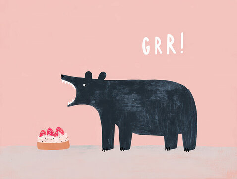 Cartoon bear on pink backdrop, expressive face, Grrr text, small cake with pink icing, flat color palette - AI-Generated