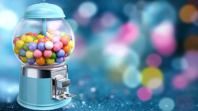 Animated candy dispenser filled with colorful candies, cartoon style illustration, whimsical sweet machine, playful vending graphic, illustrated confectionery dispenser, defocused
