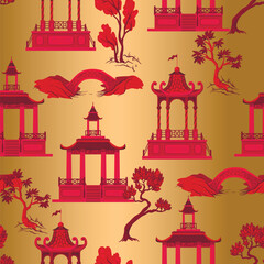 Obraz premium Elegant pagoda chinese seamless vector pattern with oriental garden architecture flowers landscape design