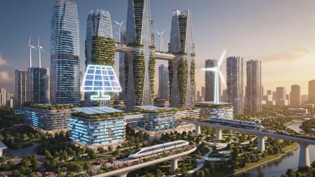 Futuristic cityscape with sleek skyscrapers, green spaces, and modern transportation systems at dusk from an aerial viewpoint
