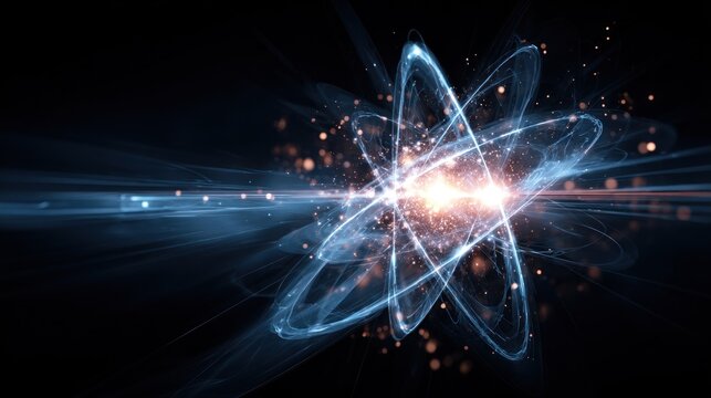 Glowing atomic structure emitting energy, particle trails, dark background