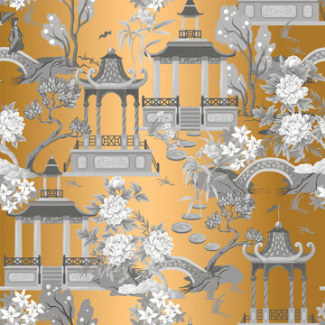 Elegant pagoda chinese seamless vector pattern with oriental garden architecture flowers landscape design