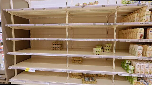 Dijon, France - February 21, 2026: Sparse egg stock on shelves at Super U, reflecting broader food supply chain issues and agricultural crisis in France.