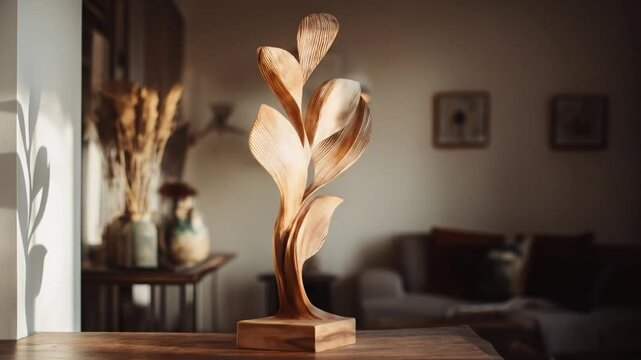 Elegant modern abstract wooden sculpture with organic, natural forms on a polished table, illuminated by warm sunlight in a cozy home interior.