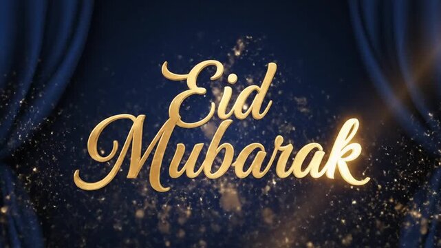 A festive Eid Mubarak greeting card with golden cursive text on a dark blue background with gold sparkles and drapes, likely used for holiday celebrations