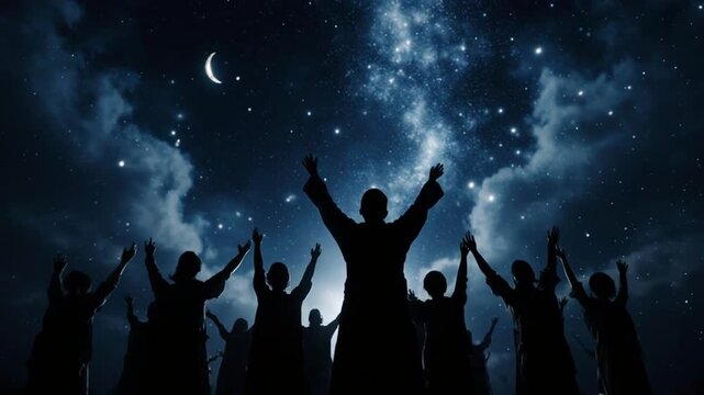 A group of people rejoicing under a starry night sky with a crescent moon