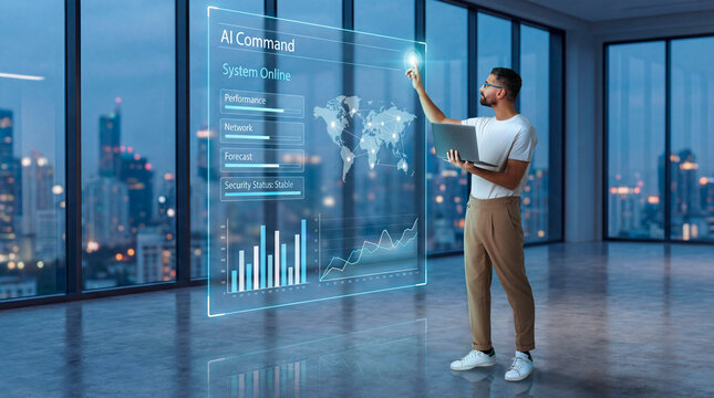 Man managing AI command dashboard in high rise office