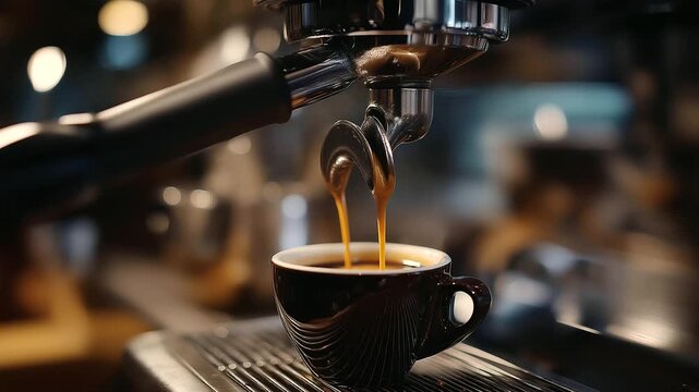 Professional espresso machine preparing coffee in cup, coffee shop setting, close-up of espresso pouring from machine, motion footage, professional coffee brewing, defocused cafe