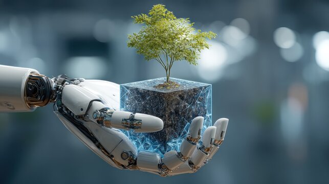 Robotic hand gently holds a small tree encased in a translucent cube, symbolizing technological advancement and environmental responsibility