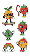Obraz premium Retro Cartoon Fruits and Rainbow with Happy Faces Vintage Style Character Design Illustrations