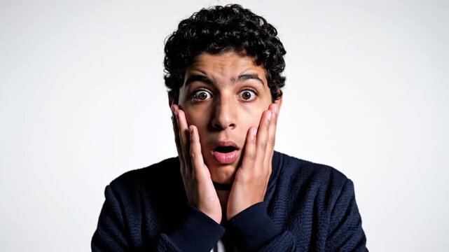 A shocked young man with a surprised expression on his face in a video