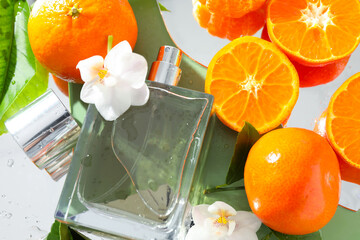 Bottle of perfume, flowers and tangerines on light green background, closeup