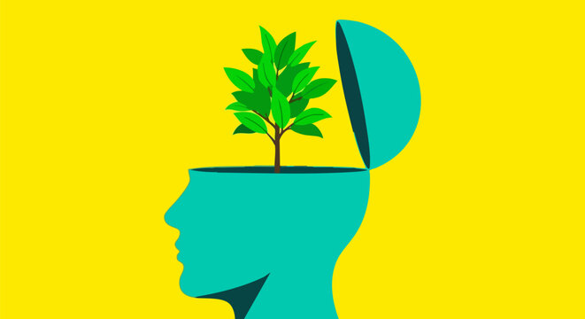 Green tree growing from an open human head in a vibrant yellow and teal flat vector illustration